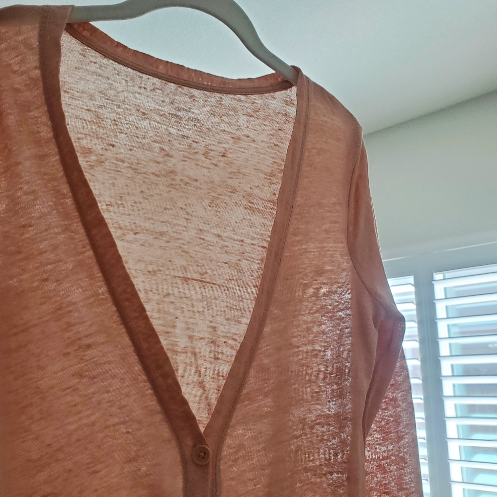 J. Crew 100% Linen Blush Pink Long Boyfriend Cardigan Sweater XS Preppy - Picture 3 of 14